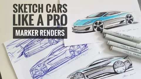 Render your dream car sketch in 15-30 minutes using markers. Learn it in an hour!