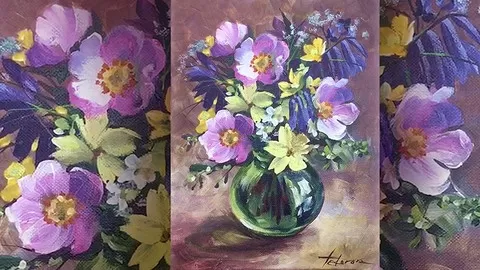 Step by Step real-time Painting Tutorial! You will paint flowers bouquet and learn acrylic techniques with this lesson!