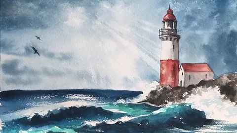 We paint with watercolor! Seascape - waves