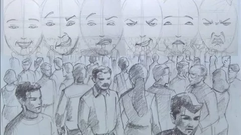 Composing and Drawing Large Crowd Scenes and creating Fourteen Facial expressions of human-being