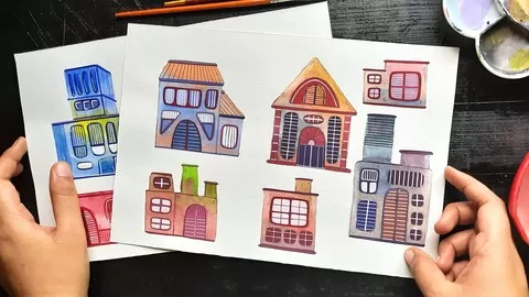 Learn to paint basic watercolor techniques and gouache painting in a fun way while painting tiny houses!