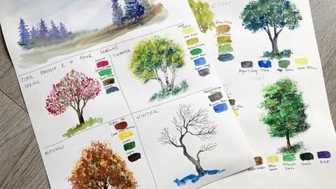 Learn how to draw several types of trees and explore interesting watercolor techniques to add color and texture
