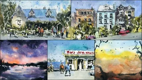 Learn how to paint and sketch street scenes and buildings with pen and watercolor